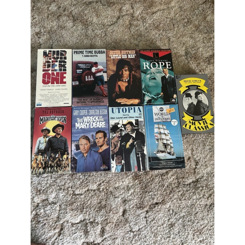 Vintage VHS Lot 9 Tapes Murder One Hitchcock Rope Laurel Hardy Magnificent Seven
